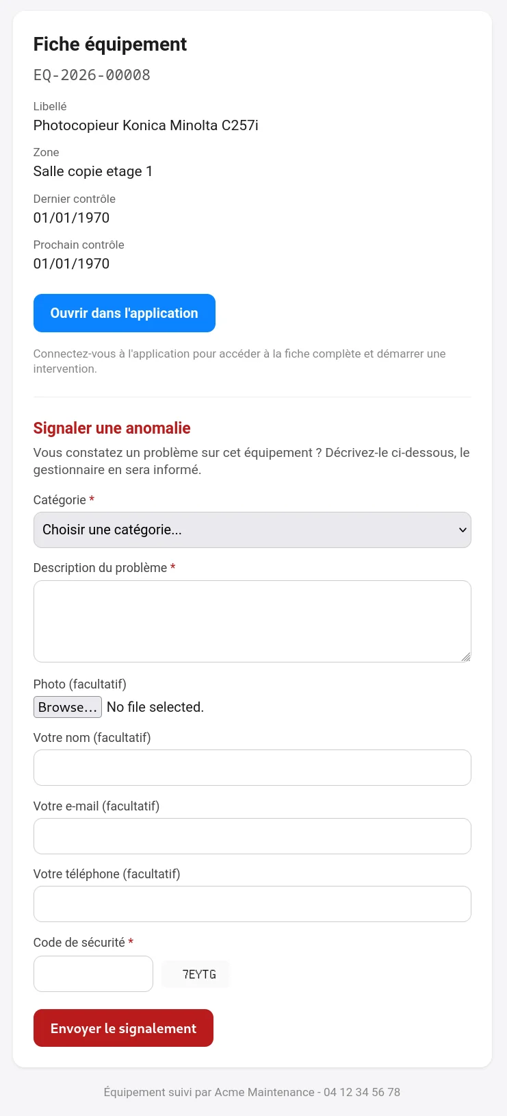Page publique d'un équipement (QR flashé) avec le formulaire de signalement d'anomalie