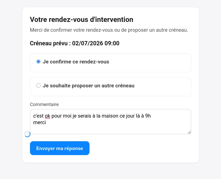 Page publique de confirmation de rendez-vous : créneau prévu, bouton Je confirme ce rendez-vous et option Je souhaite proposer un autre créneau avec saisie d'une nouvelle date