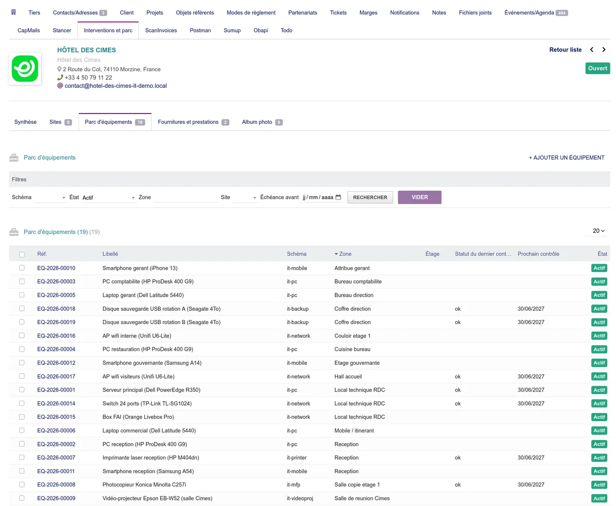Onglet SmartInterventions sur la fiche d'un tiers : parc d'équipements du client en back-office
