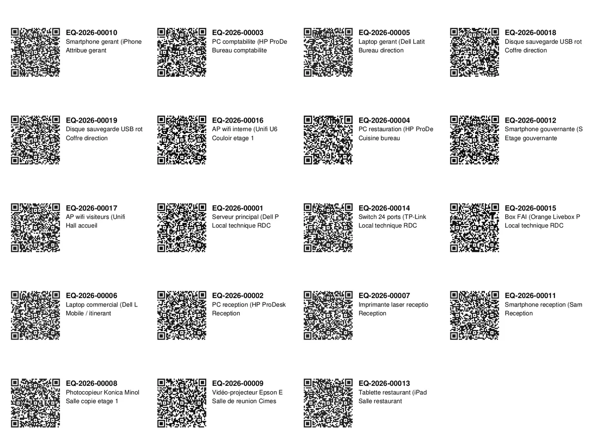 Planche de QR codes d'équipements générée pour impression
