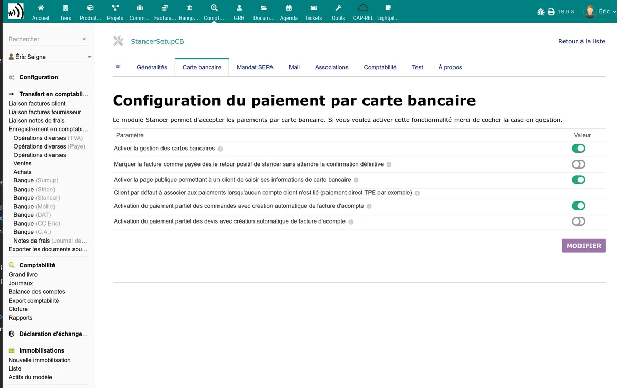 Onglet Carte bancaire de la configuration Stancer avec les options d'activation et de page publique
