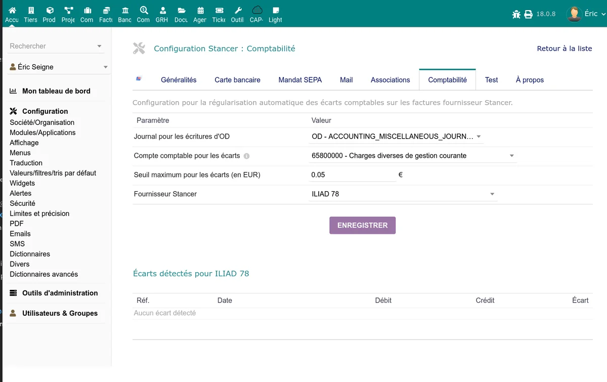 Onglet Comptabilité de la configuration Stancer avec les paramètres de journal, compte d'écart et seuil