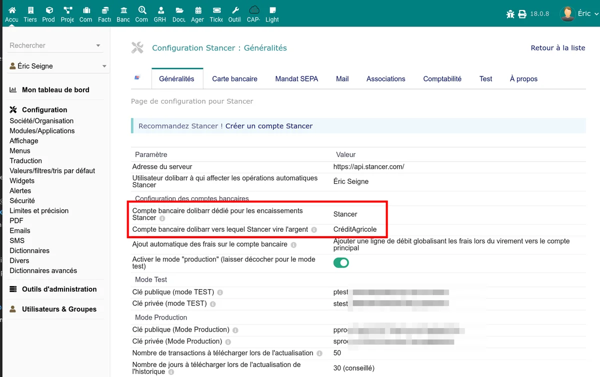 Section comptes bancaires de la configuration Stancer avec le compte de transit et le compte principal