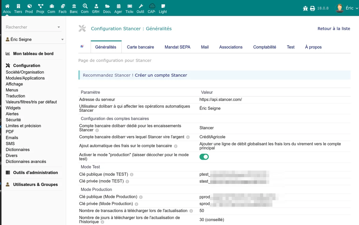 Onglet Généralités de la configuration Stancer avec les sections clés API, comptes bancaires et synchronisation