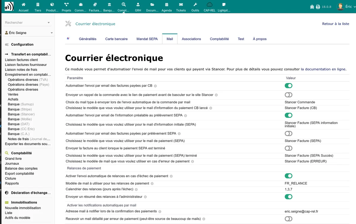 Onglet Mail de la configuration Stancer avec les sections de notification par événement