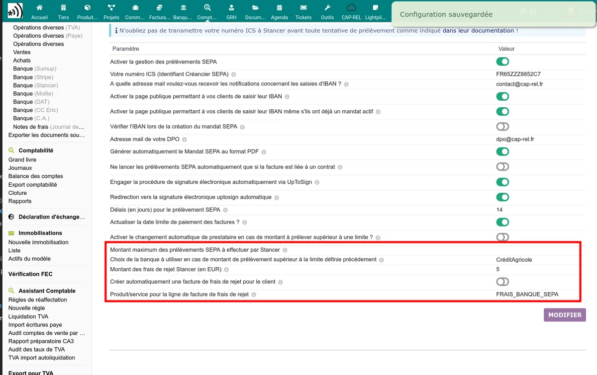 Section frais de rejet SEPA dans la configuration avec le montant, l'application automatique et le produit associé