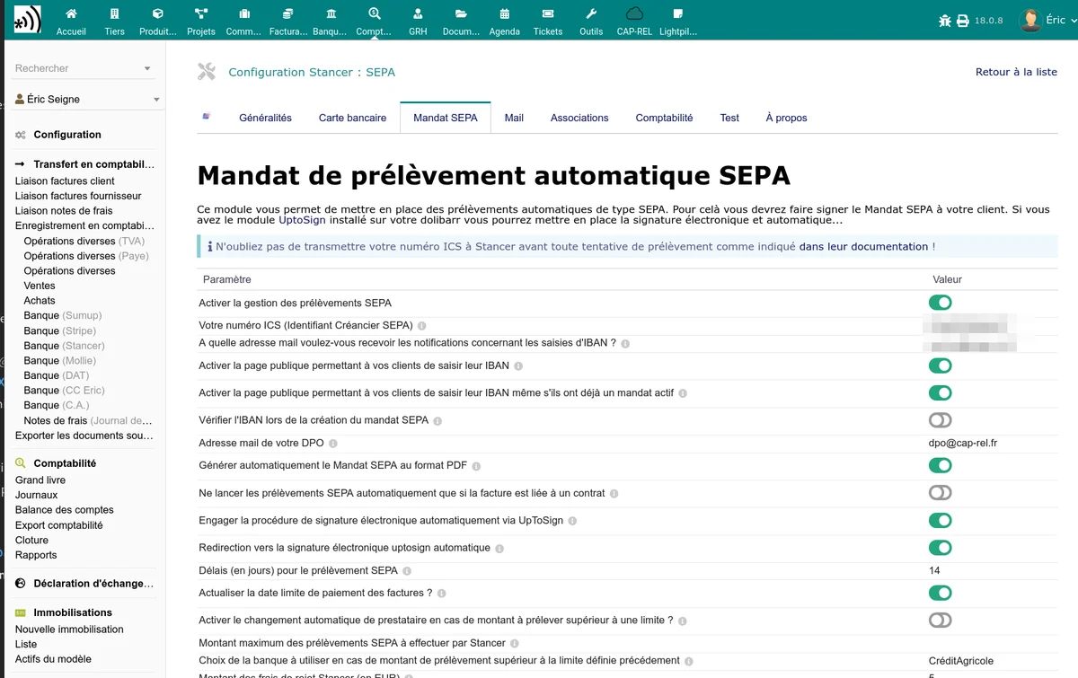 Onglet Mandat SEPA de la configuration Stancer avec les paramètres d'activation et l'ICS