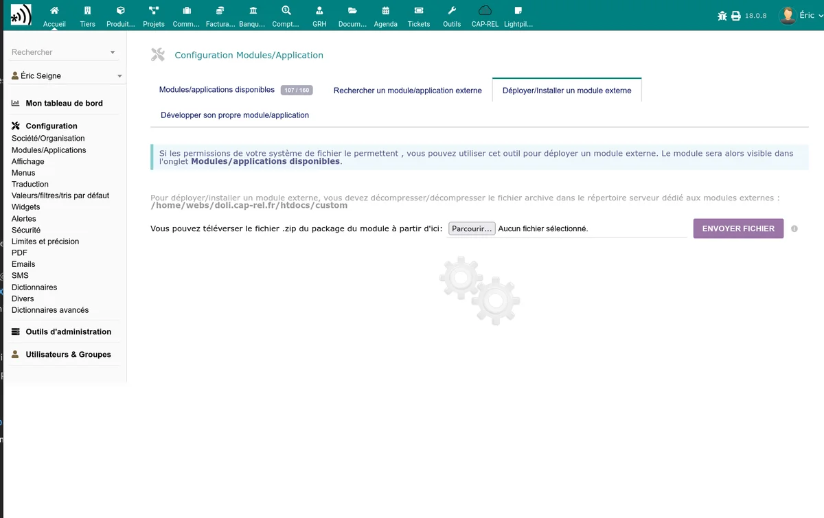 Page de déploiement d'un module externe dans Dolibarr avec le champ de sélection du fichier zip