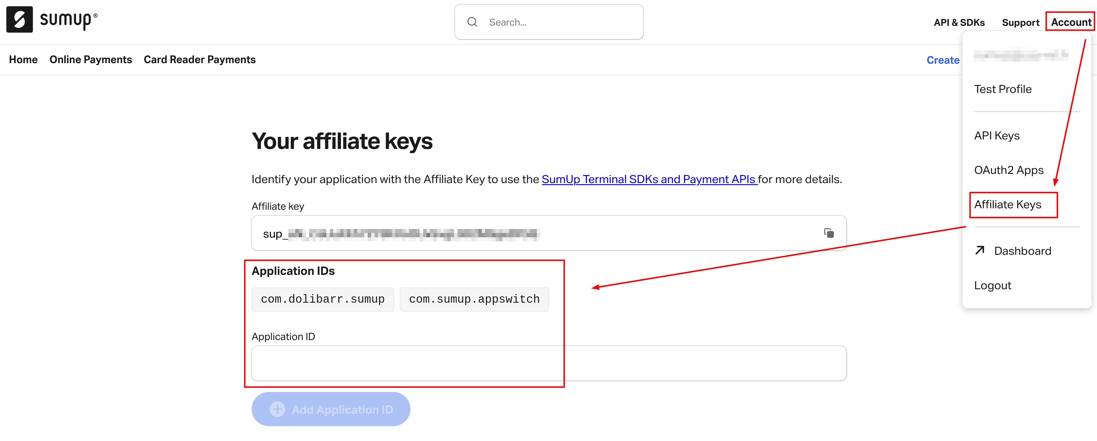 Configuration des appId autorisées pour votre clé d'affiliation SumUp