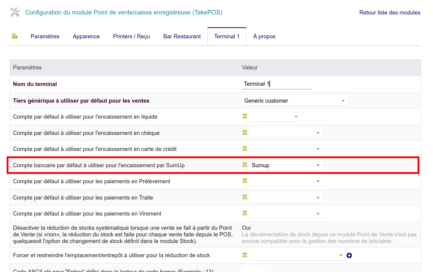 Association du compte SumUp avec le terminal TakePOS