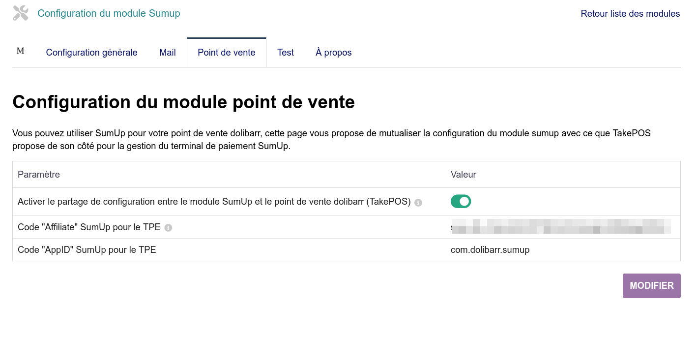 Configuration du module SumUp pour TakePOS
