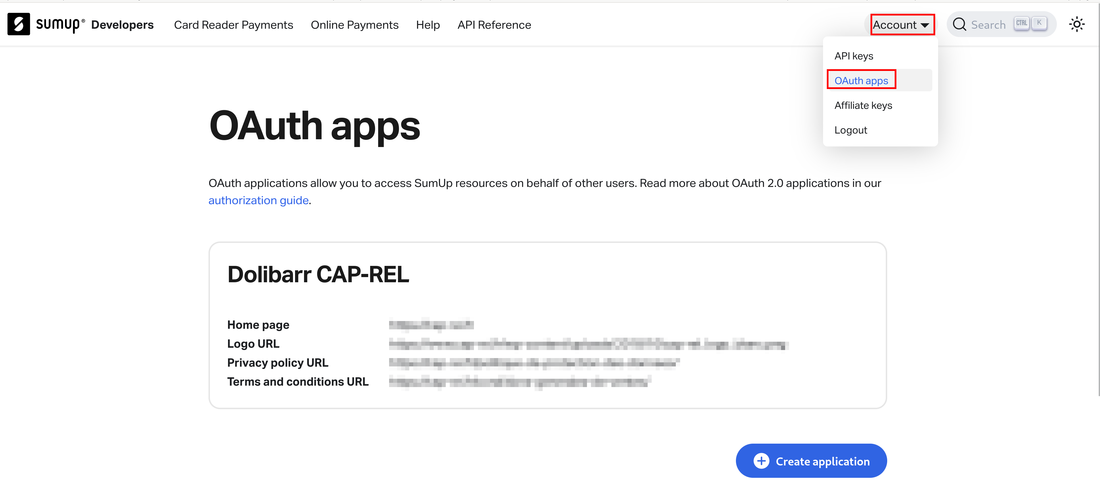 Rubrique OAuth app de SumUp