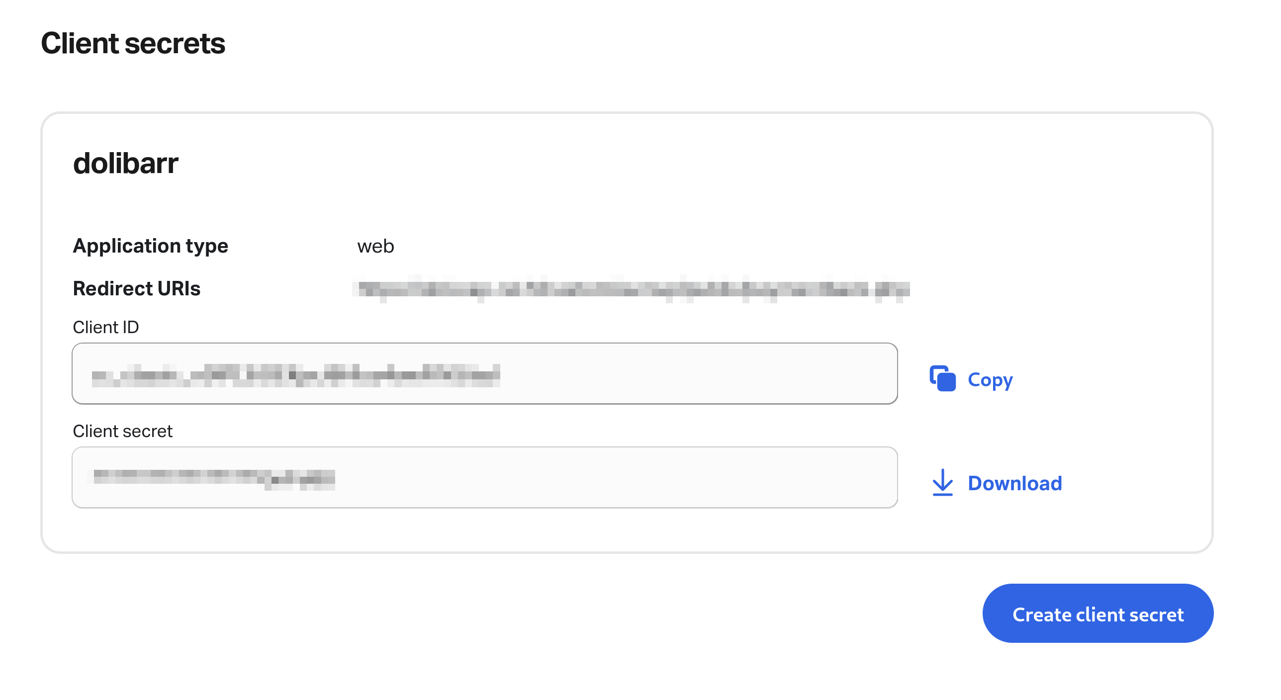 Bas de la page OAuth app avec les identifiants