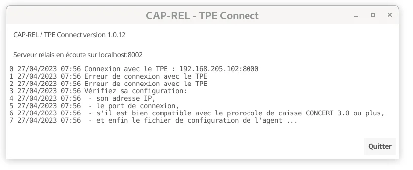 L'agent logiciel vérifie que le TPE est joignable au lancement, exemple d'erreur