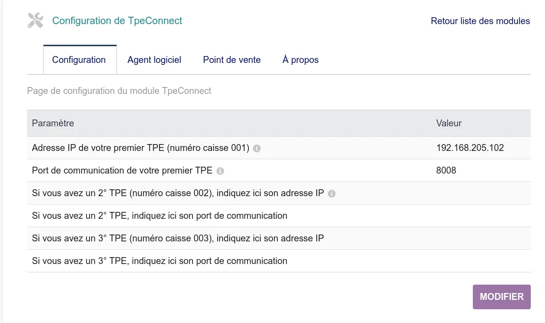 Configuration du module : adresse IP et port du TPE