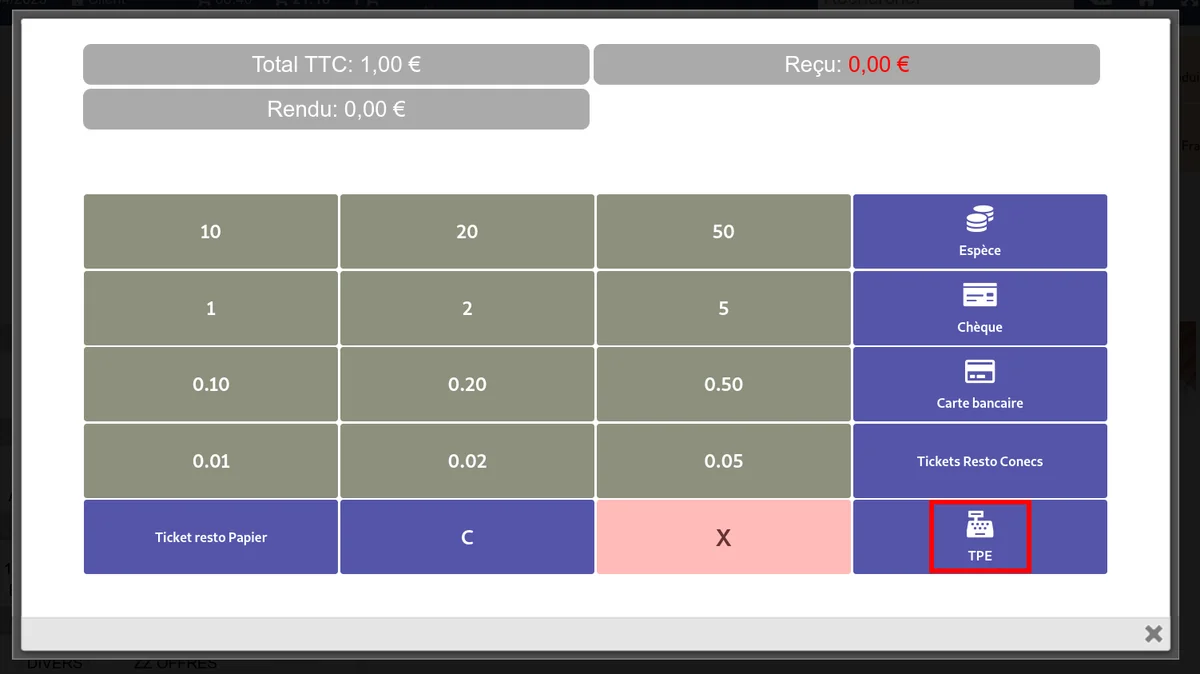 Bouton de paiement TPE dans l'interface TakePOS