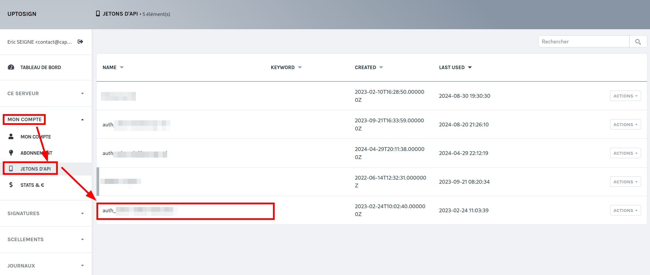 Liste des clés d'API (jetons / tokens)