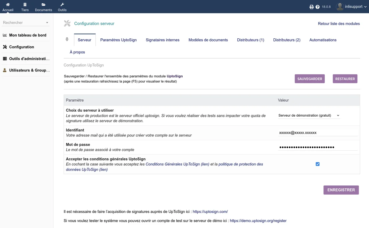 Onglets de configuration du module UptoSign dans Dolibarr