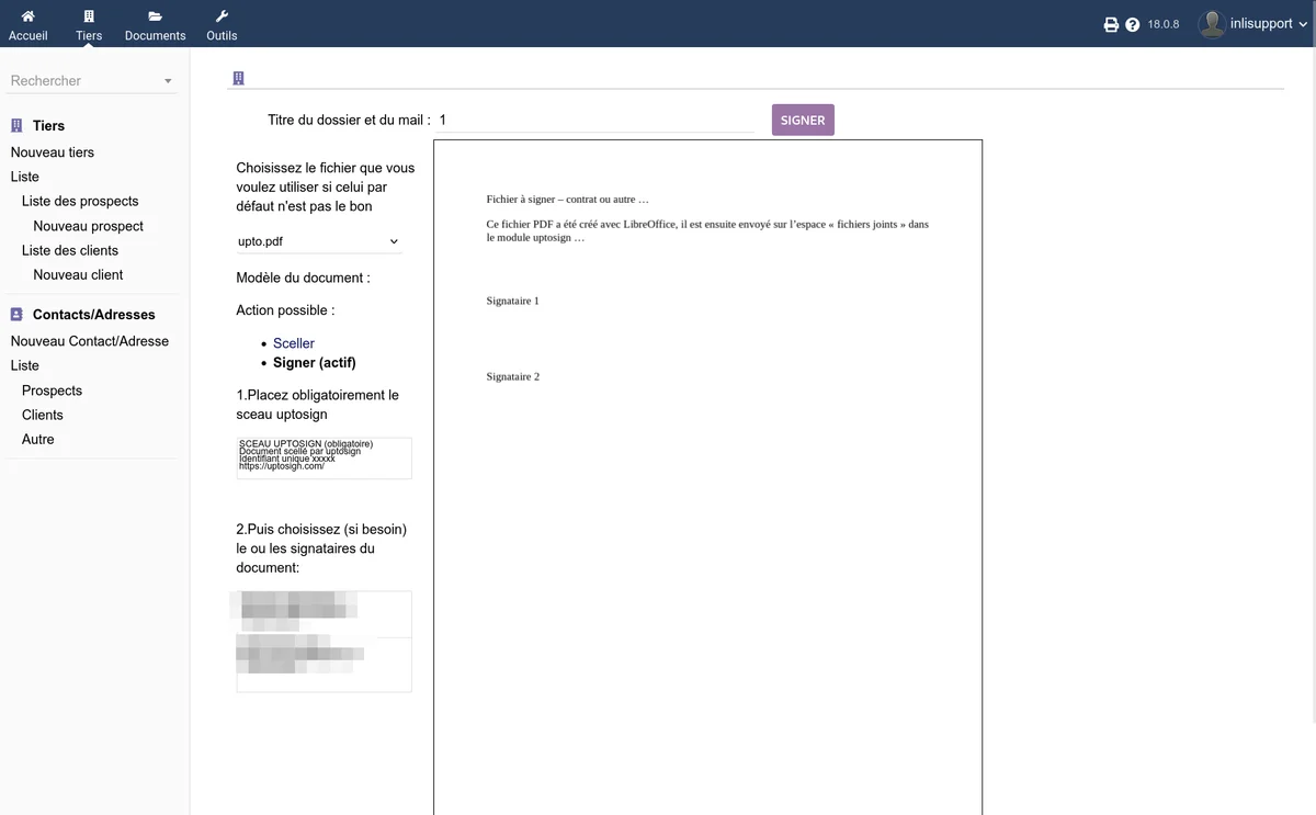 Onglet de signature électronique avec le sélecteur de fichier PDF et l'aperçu du document